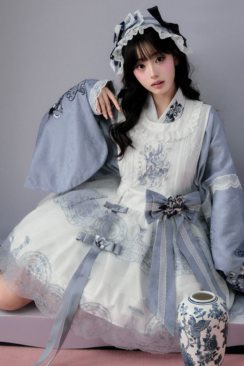 Chinese-style Jacket + Skirt + Overskirt + Ribbon + Brooch + Headband