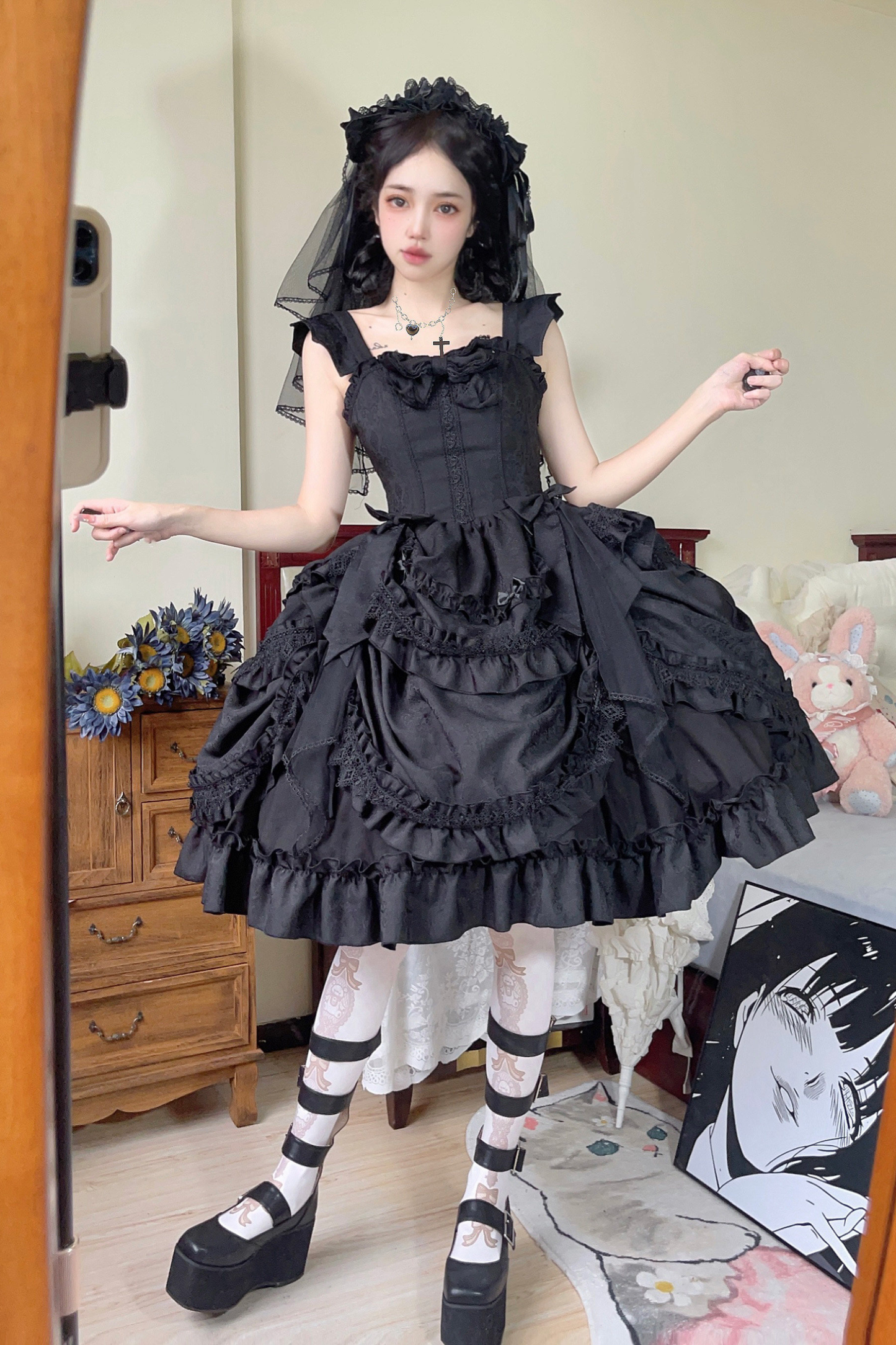 Dark Gothic Ruffle Lolita Dress + Waist Belt + Train + Hairband