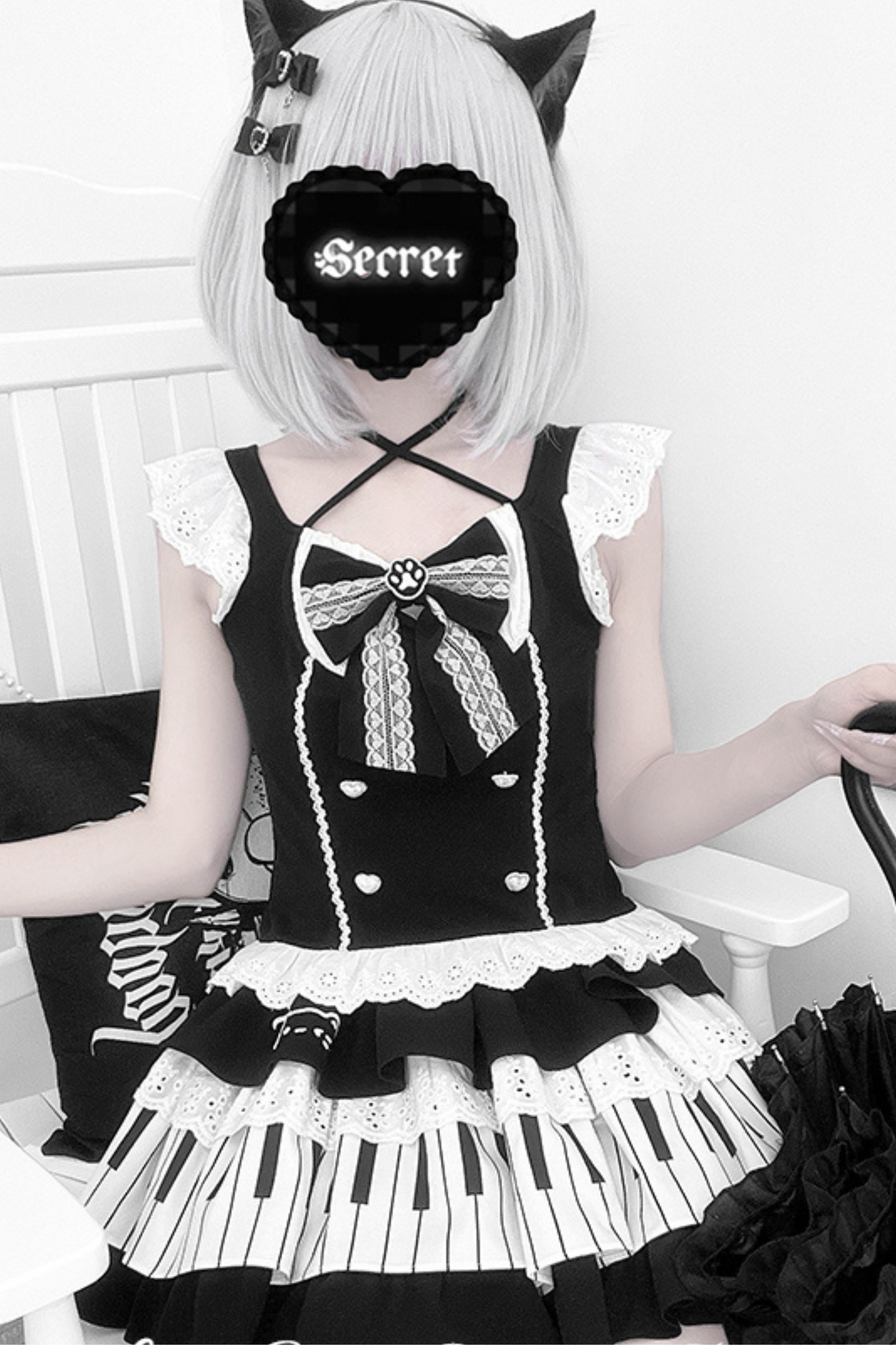 Dark Ruffle Top + Piano Skirt + Cat Sleeve
