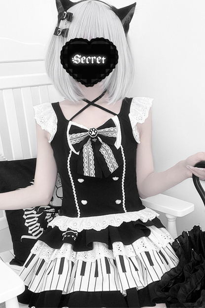 Dark Ruffle Top + Piano Skirt + Cat Sleeve