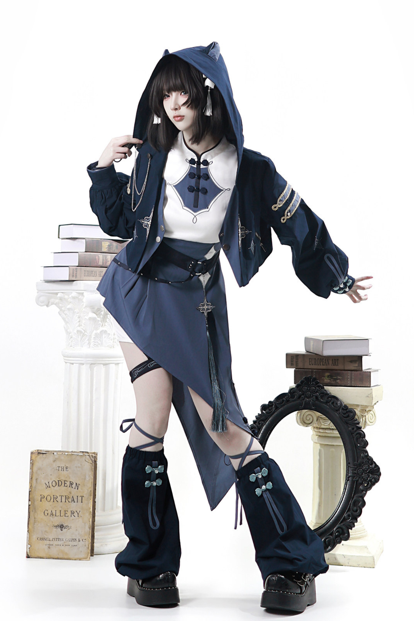 Subculture Cat Ear Hooded Jacket + Asymmetrical Dress + Leg Warmers + Ring