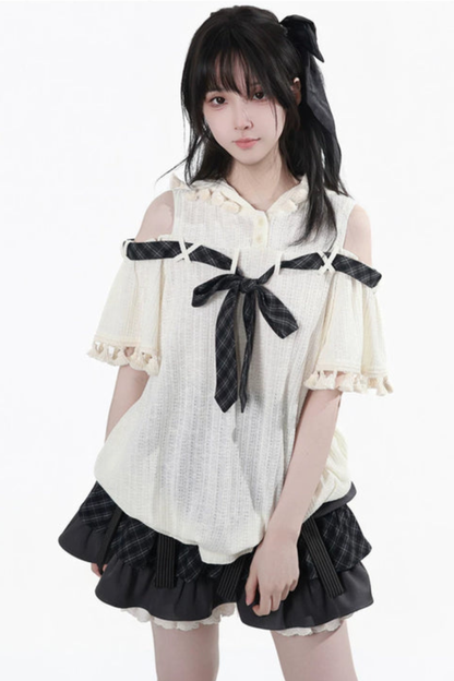 Off Shoulder Hoodie Top + Ruffled Top + Tiered Skirt + Camisole