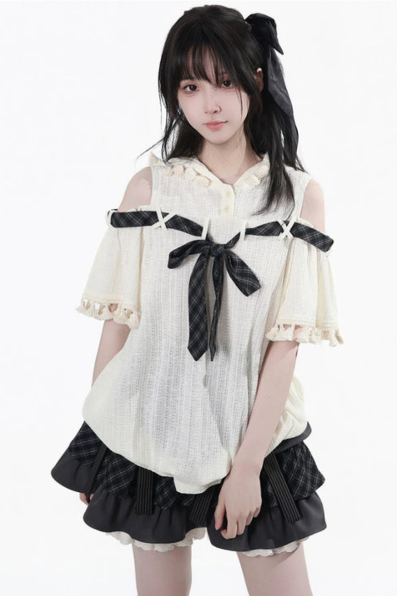 Off Shoulder Hoodie Top + Ruffled Top + Tiered Skirt + Camisole