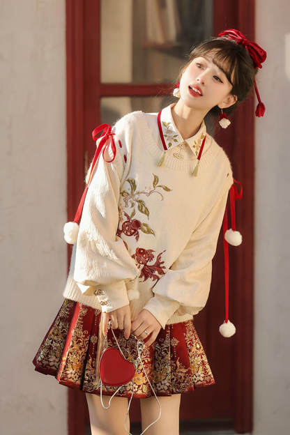 China Snow Knit Vest + Shirt + Skirt