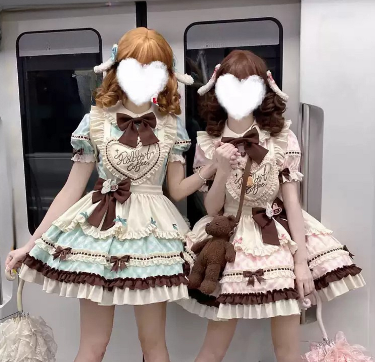 [pre-order] Bunny Ear Hair Clip + Pink Blue Sweet Maid Apron Dress
