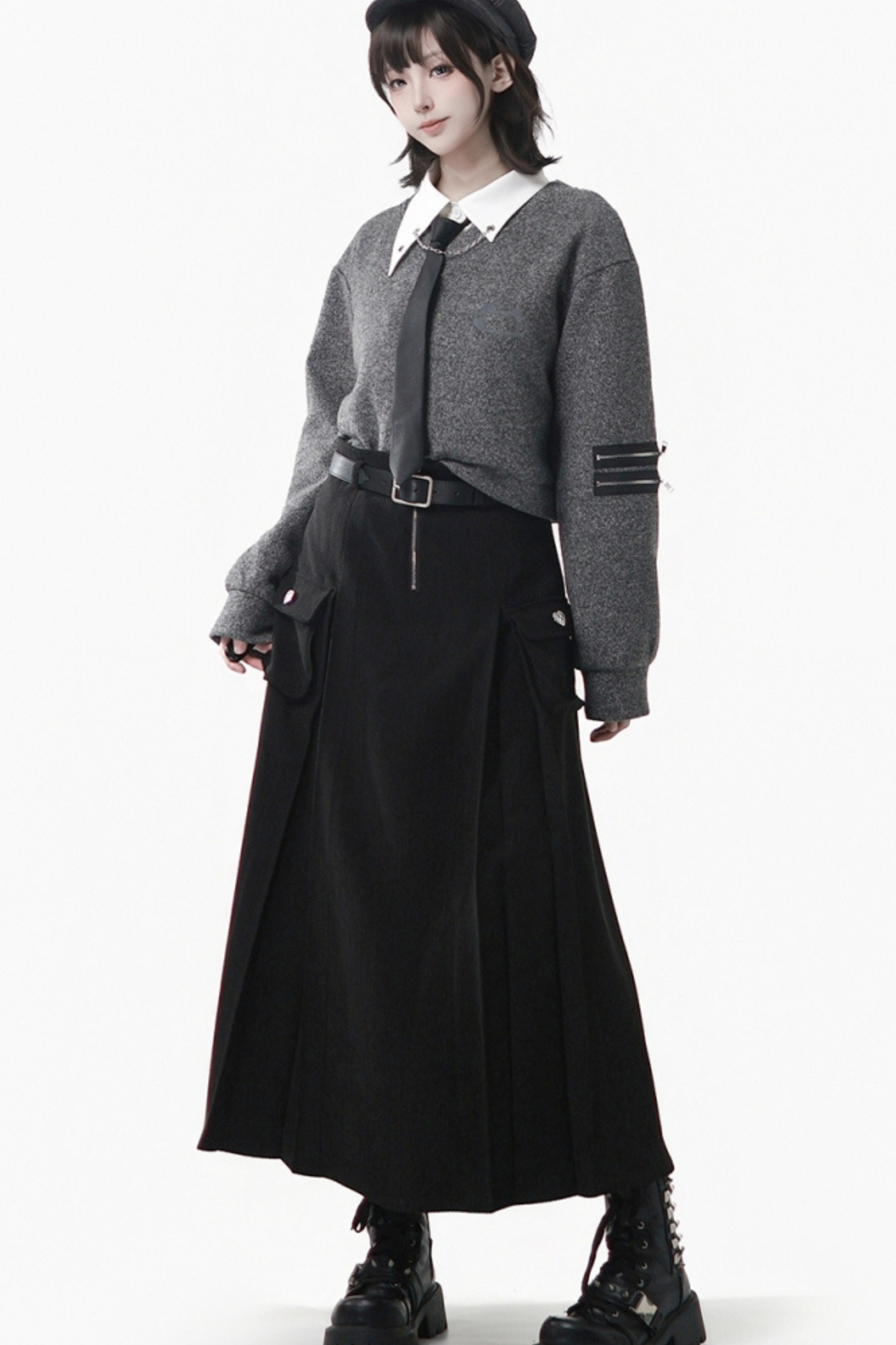 Gray Winter Preppy College Long Top + Short Top + Skirt + Pants + Shirt