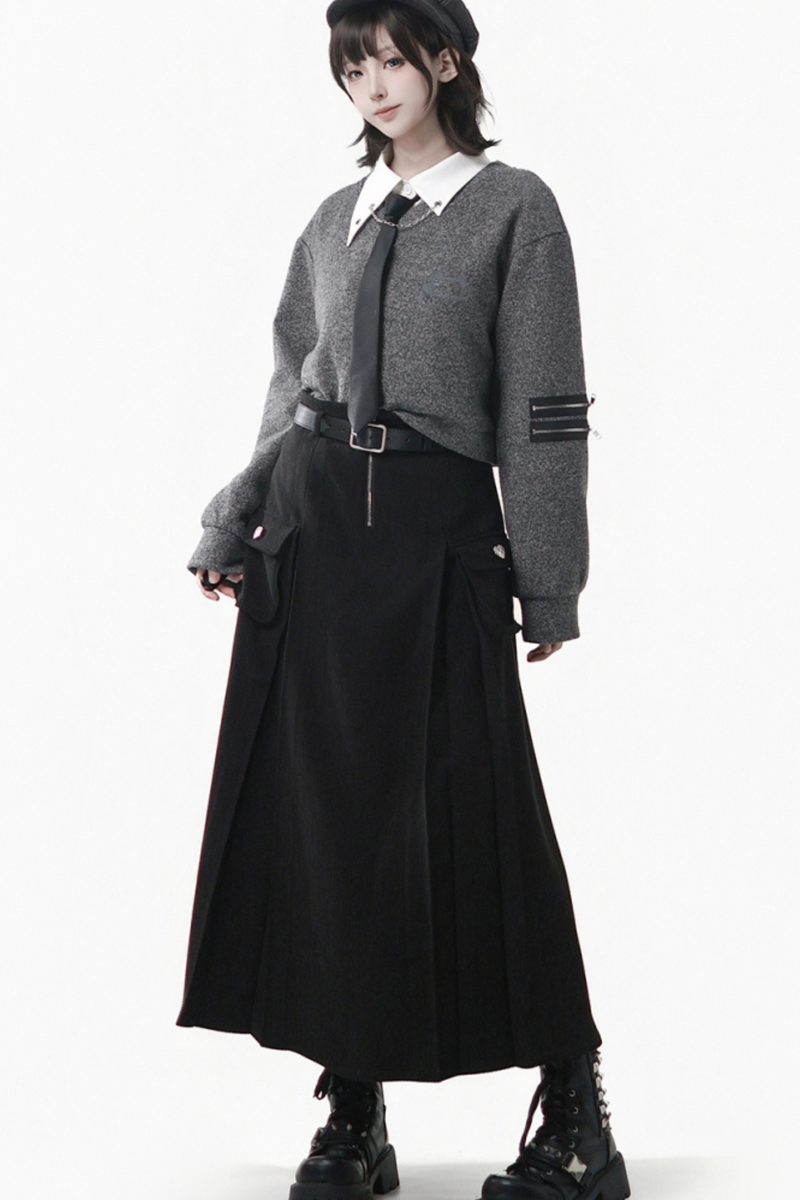 Gray Winter Preppy College Long Top + Short Top + Skirt + Pants + Shirt