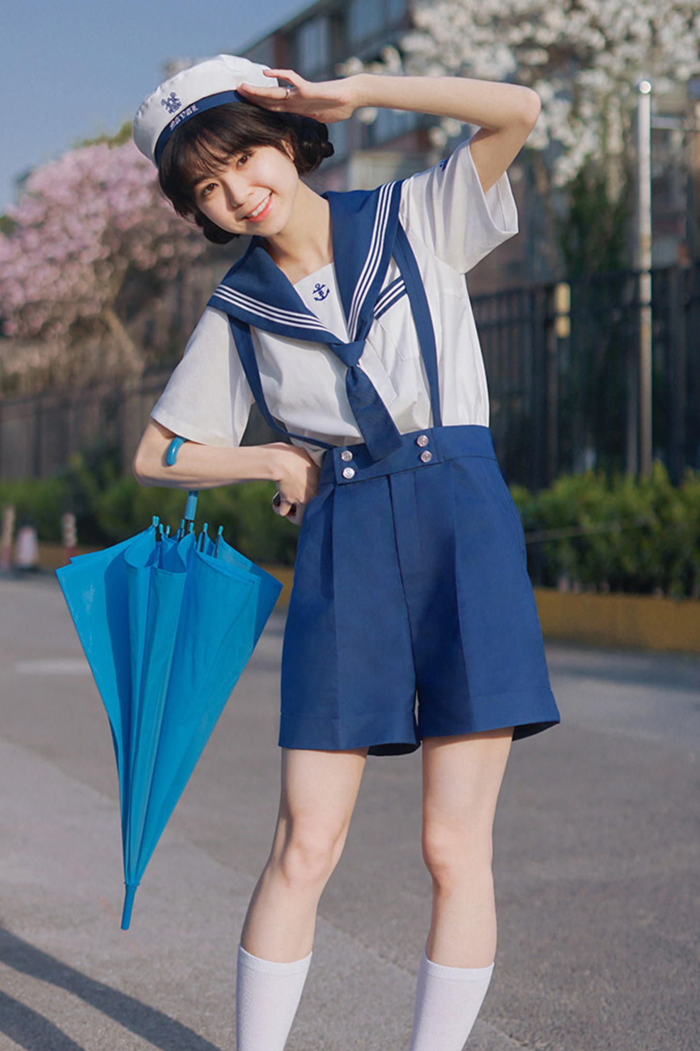 Sailor Shirt + Suspender Shorts + Tie + Beret