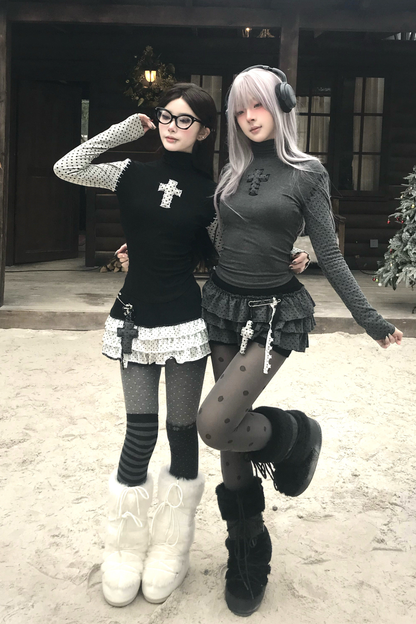 Cross Dot Turtleneck Top + Skirt + Pendant