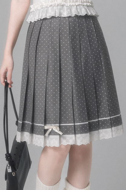 Sweet College Style Top + Polka Dot Pleated Skirt + Bow Tie