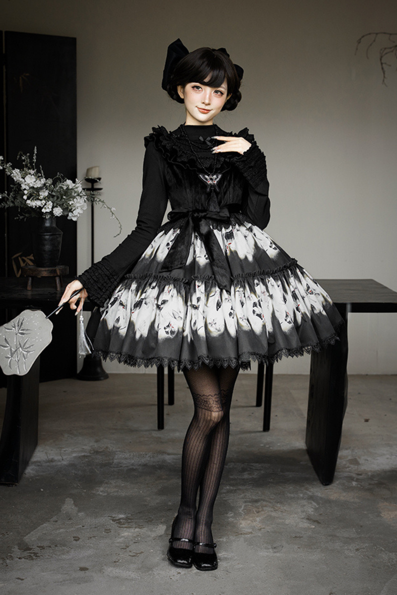 Butterfly Print Swing Lolita Dress + Jumper Skirt + Hairband + Innerwear + Ribbon
