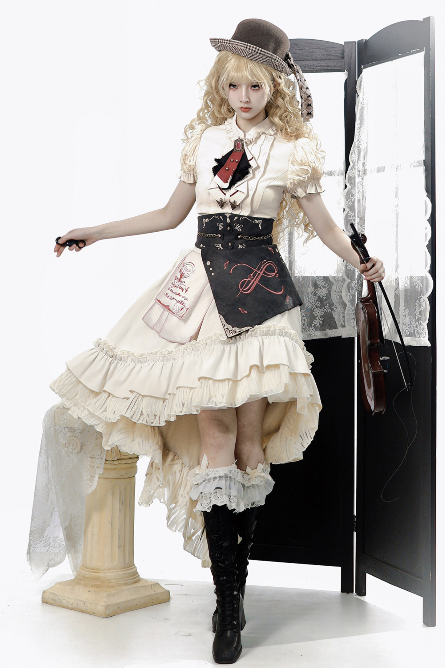 Lolita Puff Sleeve Top + Asymmetrical Skirt + Corset