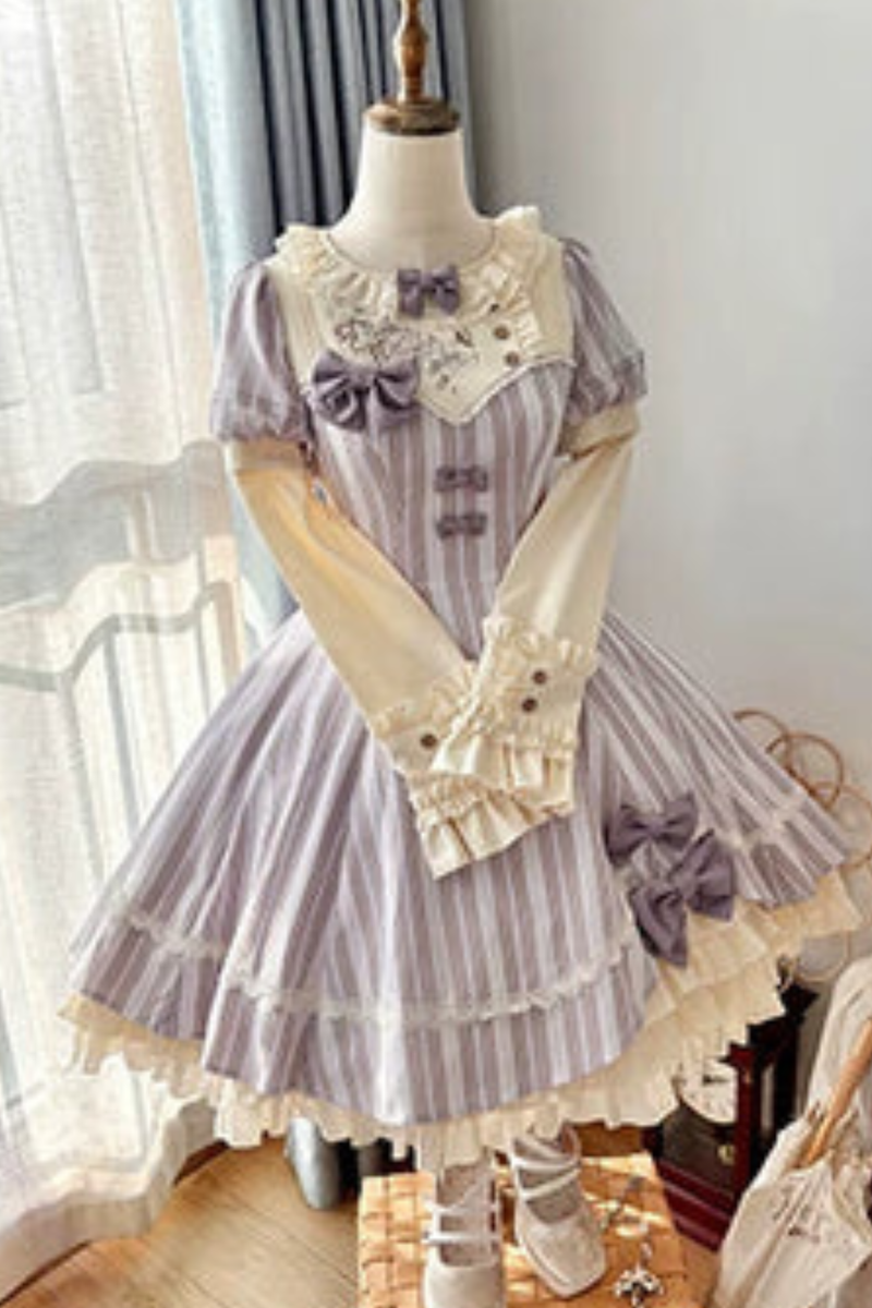 [pre-order] Striped Lolita Dress + Ribbon Clip