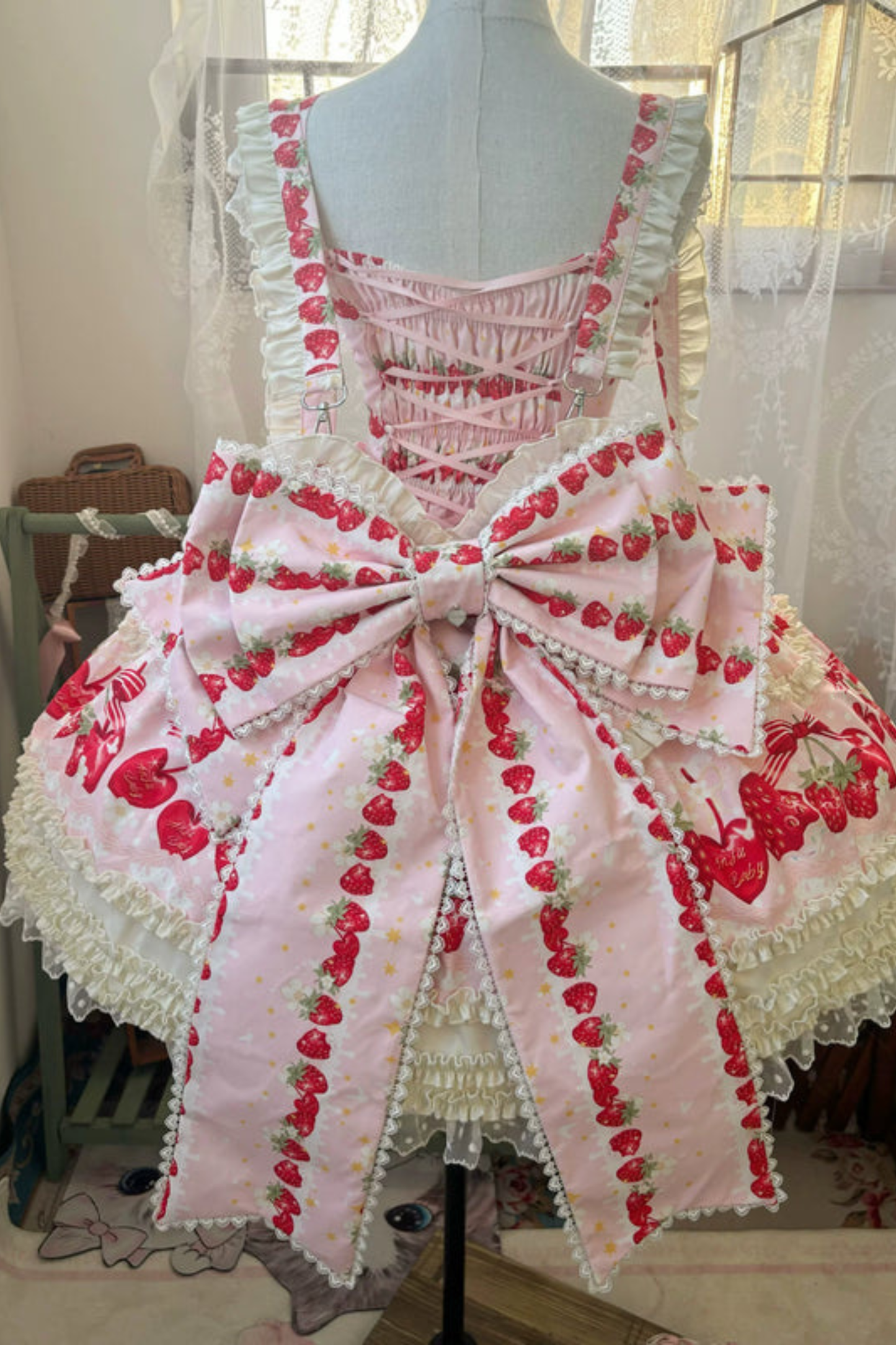 Strawberry Lolita Jumper Skirt + Rabbit Hair Scarf + Big Ribbon + Top + Hat + Bonnet