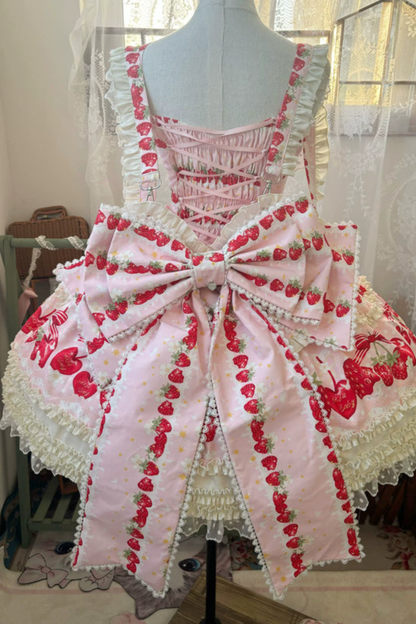 Strawberry Lolita Jumper Skirt + Rabbit Hair Scarf + Big Ribbon + Top + Hat + Bonnet