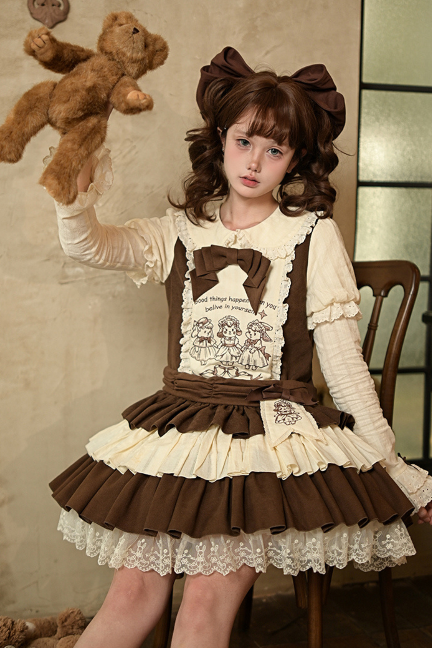 Doll Fairytale Lolita Dress + Bow Brooch + Belt + 2way Embroidery Brooch