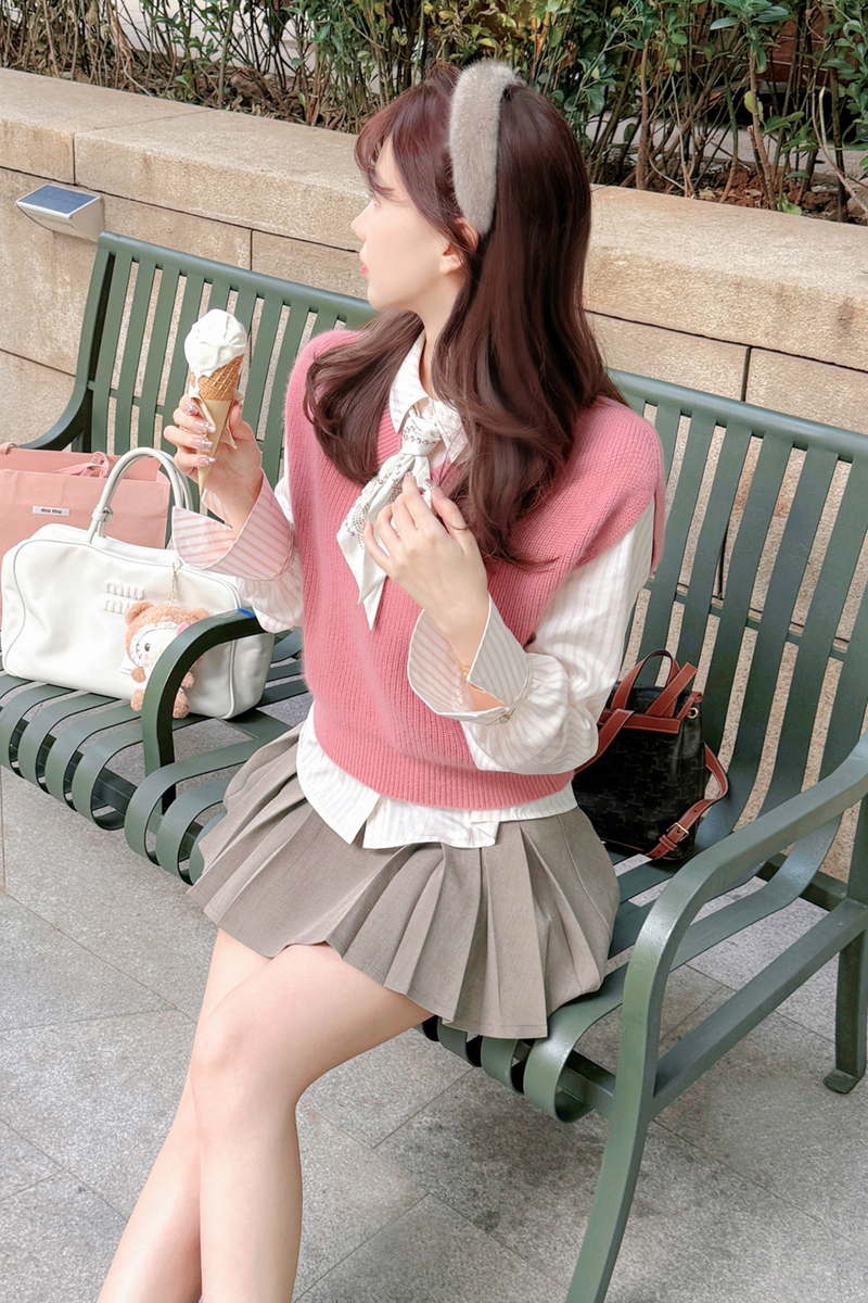 Fur Knit Vest + Striped Shirt