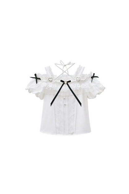 [pre-order] Sweet Dark Kawaii Ribbon Blouse + High Waist Skirt + Large Ribbon