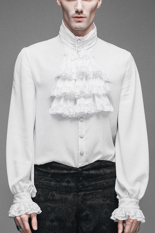 White Ruffled Lace Button-up Micro-bullet Chiffon Long Sleeve Gothic Shirt