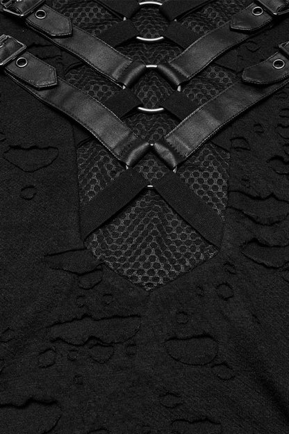 Black Short Sleeves Stitching Mesh Ripped Strap Punk T-shirt