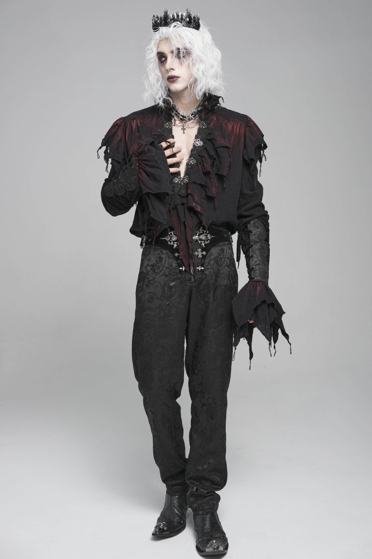Black/red Stand Collar Long Sleeves Ruffled Gothic Plunging Shirt