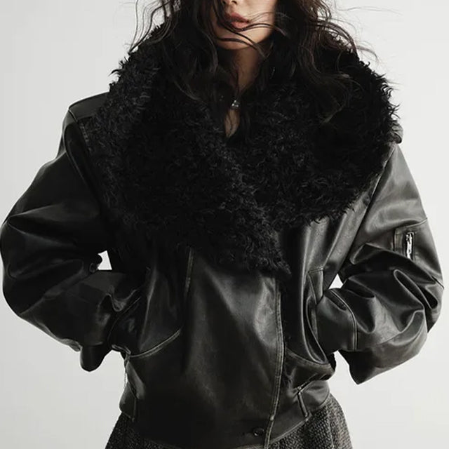 Faux Fur Leather Jacket Black
