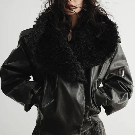 Faux Fur Leather Jacket Black