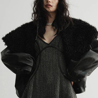 Faux Fur Leather Jacket Black