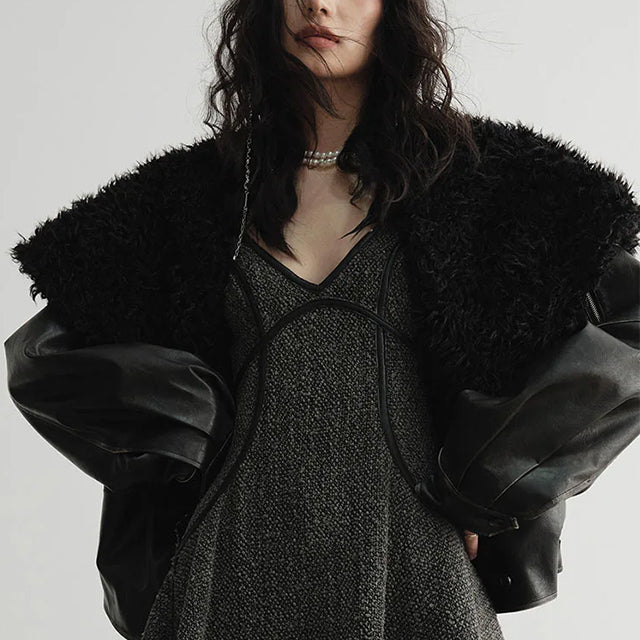 Faux Fur Leather Jacket Black
