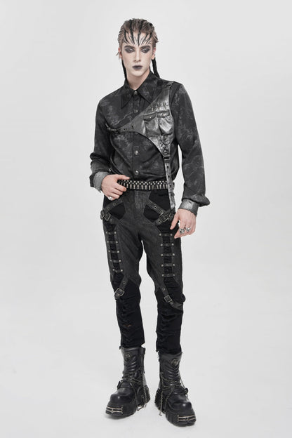 Black Long Sleeves Print Stitching Asymmetric Bullet Punk Blouse