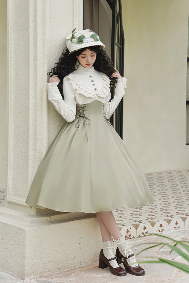 White/green [wind Garden] Stand Collar Ruffle Lace-up Color Matching Fake Two Pieces Classic Lolita Dress