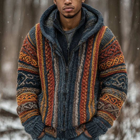 Men's Vintage Colorful Striped Celtic Art Jacquard Thick Warm Zip Hooded Sweater Cardigan elevenforest