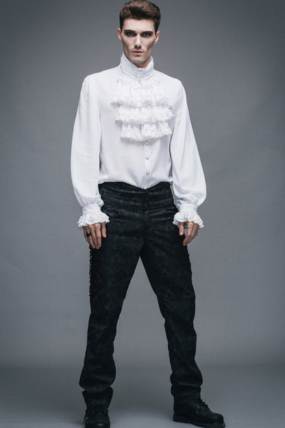 White Ruffled Lace Button-up Micro-bullet Chiffon Long Sleeve Gothic Shirt