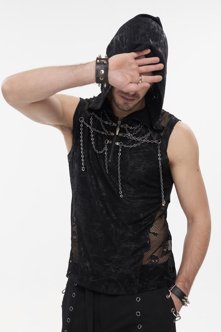 Black Skull Hollowed Out Print Stitched Sleeveless Chain Hoodie Punk Shirt