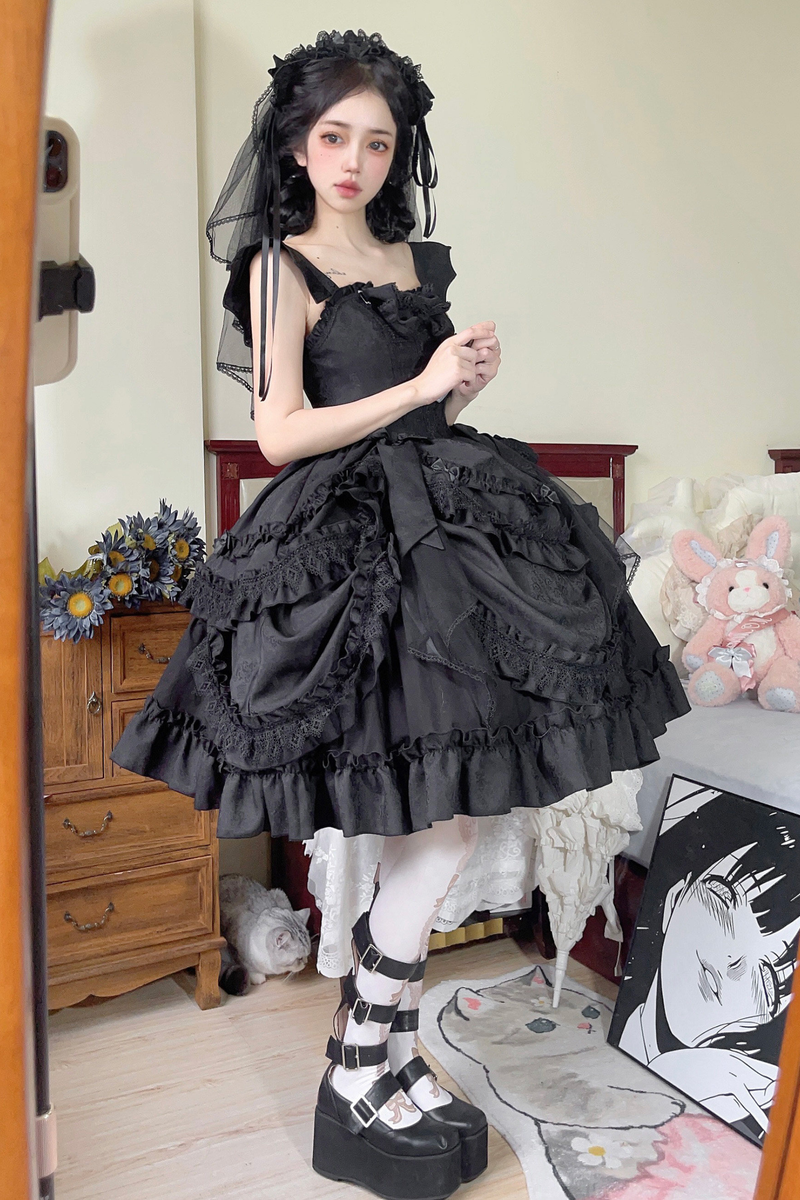 Dark Gothic Ruffle Lolita Dress + Waist Belt + Train + Hairband