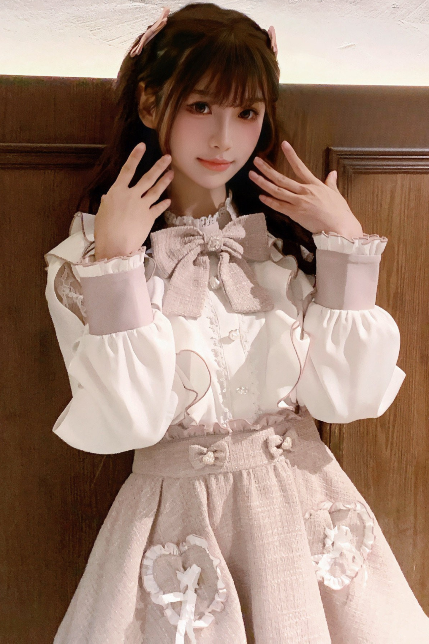Lace Shoulder Ribbon Blouse + Skirt