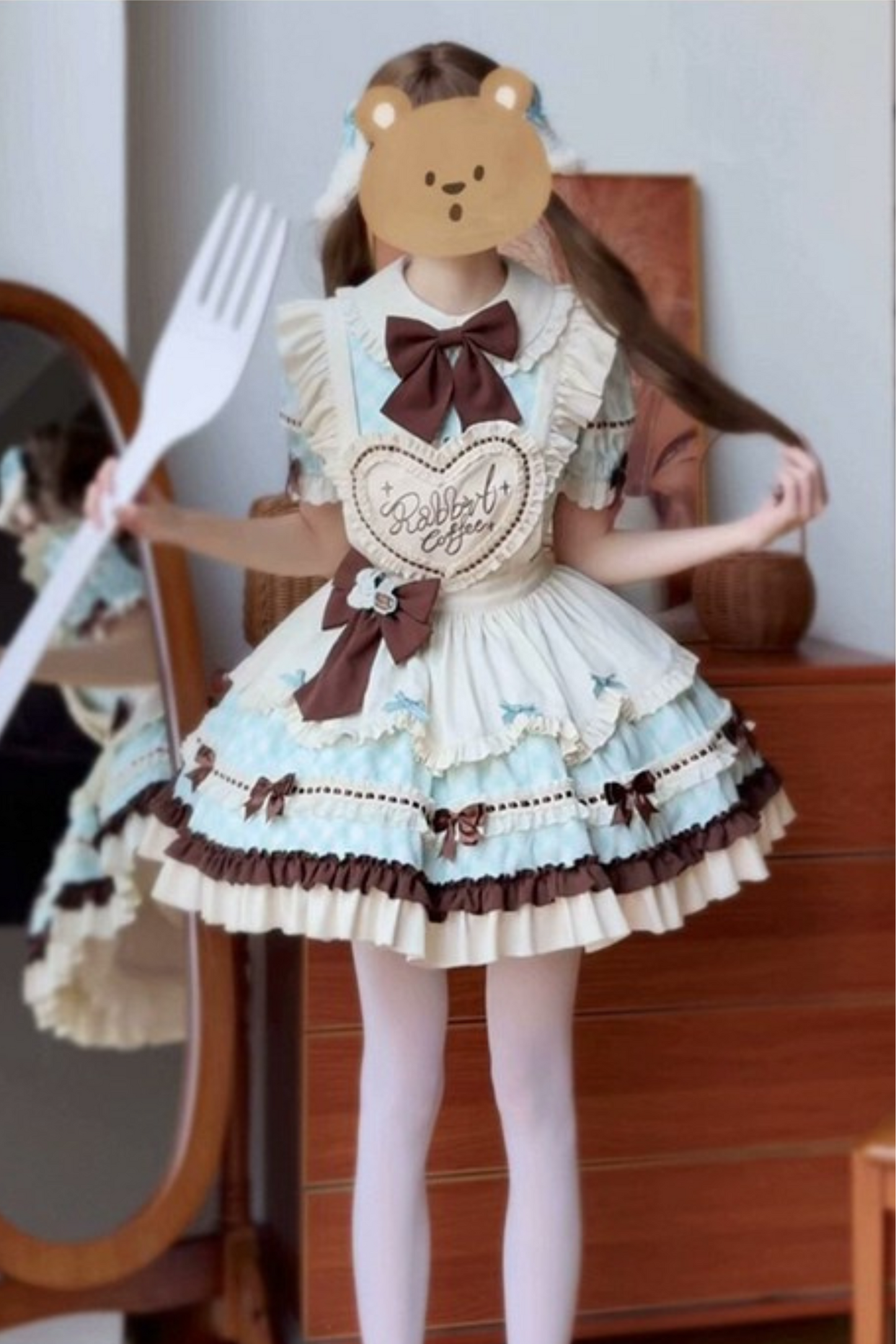 [pre-order] Bunny Ear Hair Clip + Pink Blue Sweet Maid Apron Dress