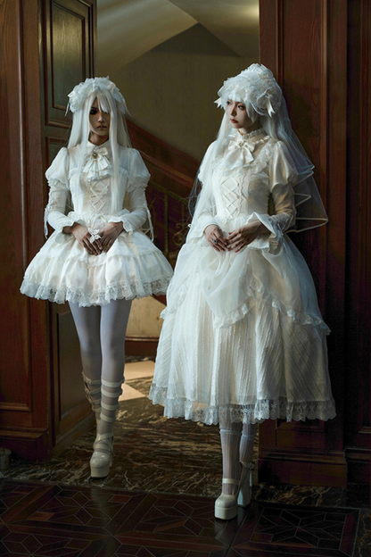 White Gothic Gemini Lolita Dress + Corset + Ribbon + Headband + Veil
