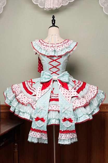 [pre-order Deadline: April 3] Twin Tiered Lolita Dot Ribbon Striped Dress + Flower Bud Skirt Dress