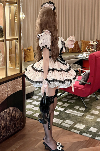 Sweet Little Dot Maid Lolita Dress + Apron + Head Accessory + Veil