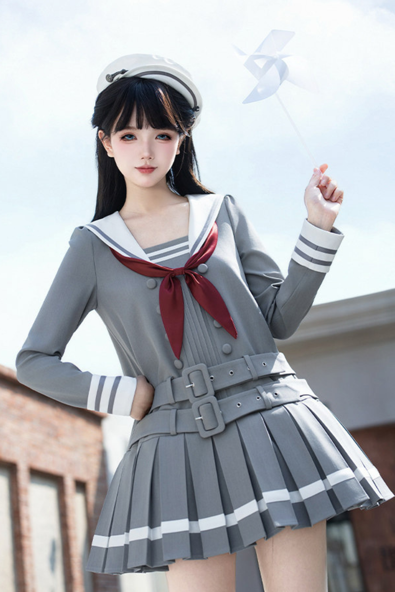 Sailor Collar Pleated College Dress + Ribbon + Hat