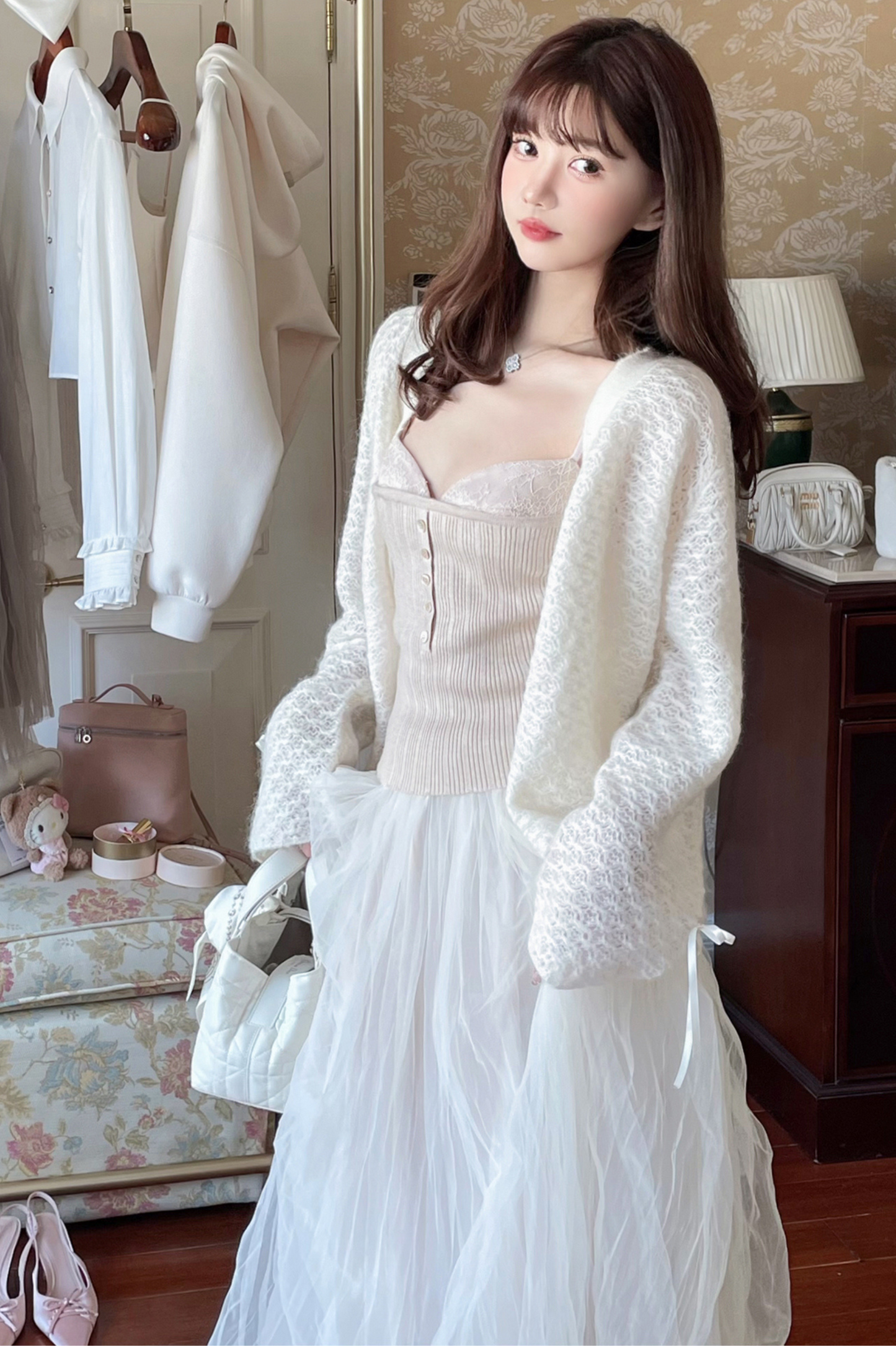 [pre-order] Ribbon Sweet Cardigan + Flare Skirt + Camisole
