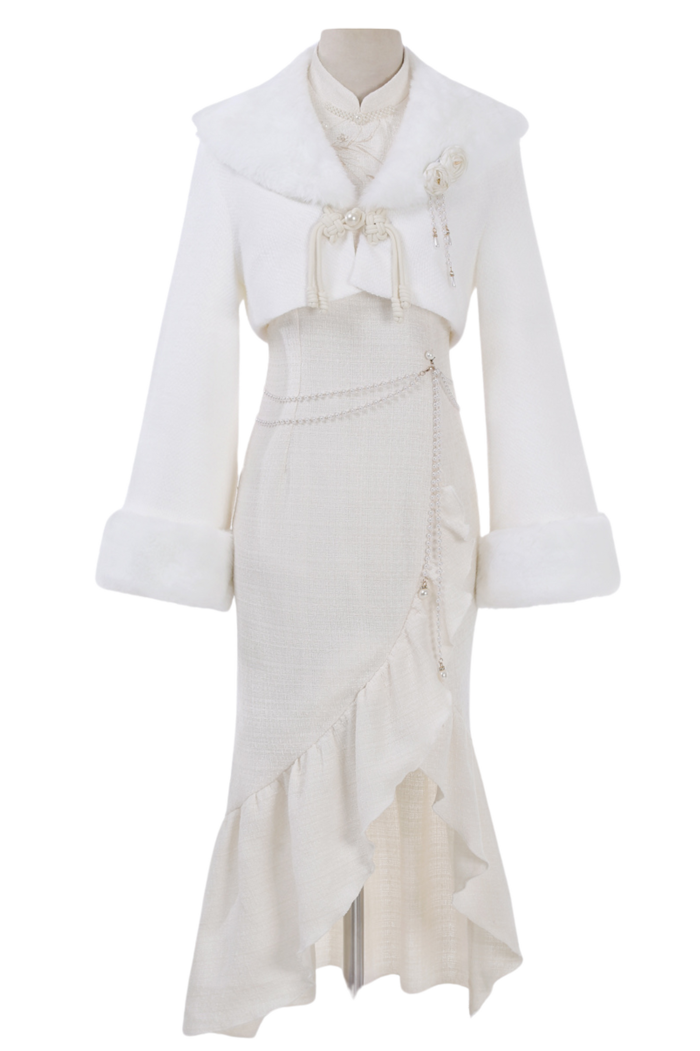 Retro Cheongsam Dress + Short Fur Coat