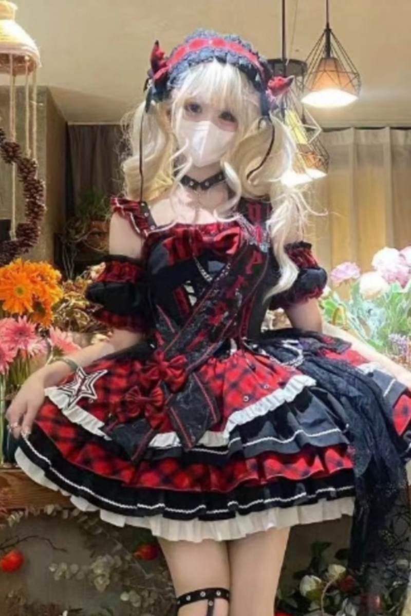 Dark Series Plaid Lolita Dress + Headband + Tail