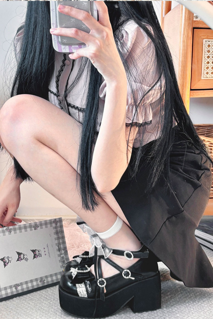 Lace Sheep Puff Lolita Lace Rhinestone Ribbon Flatform Shoes