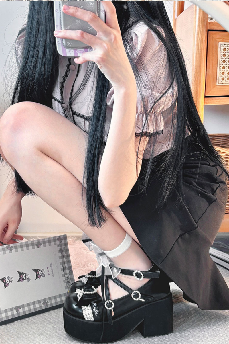 Lace Sheep Puff Lolita Lace Rhinestone Ribbon Flatform Shoes