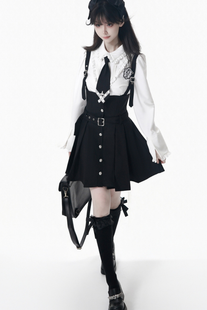 College Jacket + Suspender Skirt + Blouse + Tie