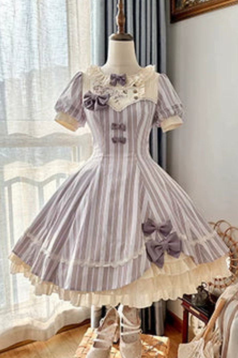 [pre-order] Striped Lolita Dress + Ribbon Clip