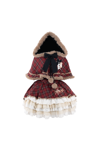 [pre-order] Plaid Lolita Jsk + Hooded Cloak + Knit + Bear Headband