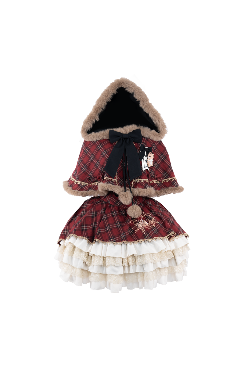 [pre-order] Plaid Lolita Jsk + Hooded Cloak + Knit + Bear Headband